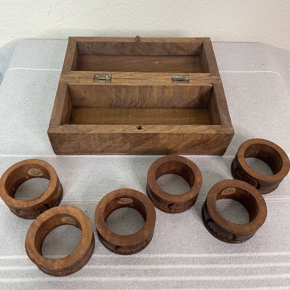 Vintage JCS Co Hand Carved Wood Elephant Napkin Rings Set Of 6 With Wooden Box - Picture 11 of 16
